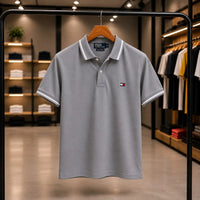 Men's Premium Light Grey Tipped Collar Piqué Polo Shirt