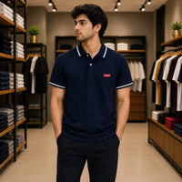 Men's Premium Navy Blue Tipped Collar Piqué Polo Shirt