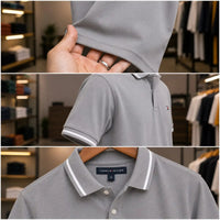 Men's Premium Light Grey Tipped Collar Piqué Polo Shirt