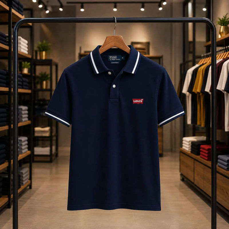 Men's Premium Navy Blue Tipped Collar Piqué Polo Shirt