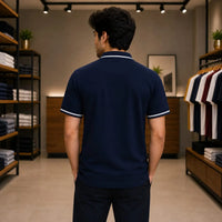 Men's Premium Navy Blue Tipped Collar Piqué Polo Shirt