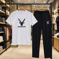 Men's White Crew Neck Graphic T-Shirt & Black Track Pants Set