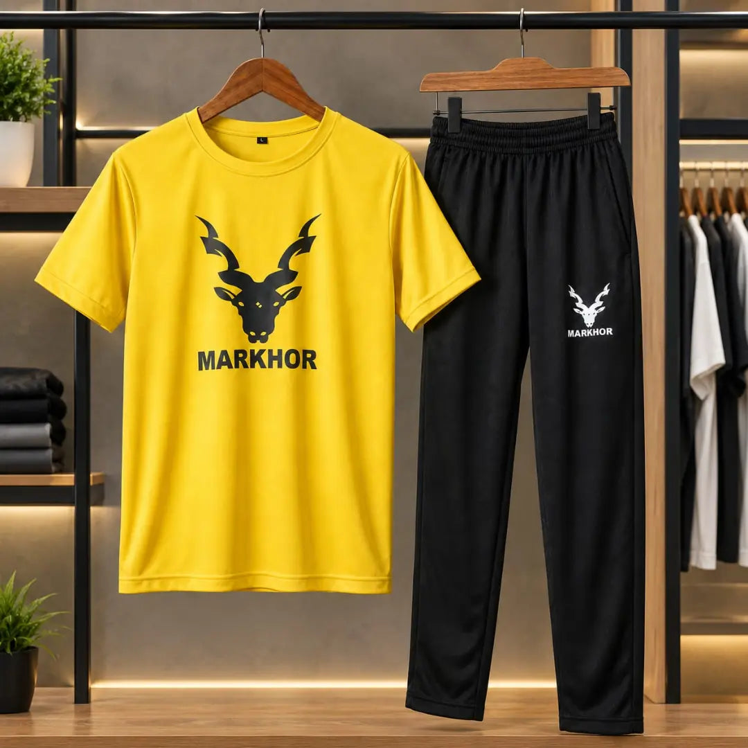 Men's Yellow Markhor Logo T-Shirt & Black Jogger Tracksuit Set