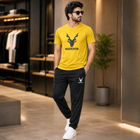 Men's Yellow Markhor Logo T-Shirt & Black Jogger Tracksuit Set