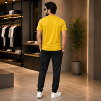 Men's Yellow Markhor Logo T-Shirt & Black Jogger Tracksuit Set