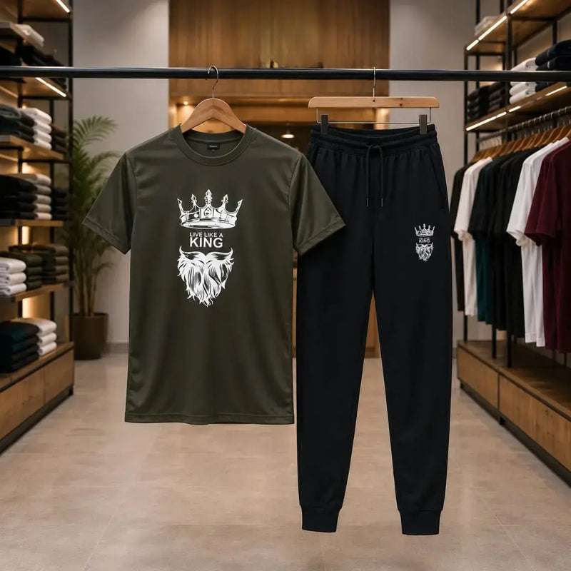 Men's Olive Green "Live Like a King" Graphic T-Shirt & Black Jogger Tracksuit Set