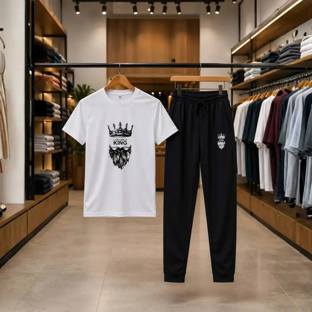 Men's White Crew Neck "Live Like a King" Graphic T-Shirt with Black Jogger Pants Co-Ord Set