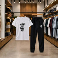 Men's White Crew Neck "Live Like a King" Graphic T-Shirt with Black Jogger Pants Co-Ord Set