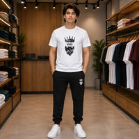 Men's White Crew Neck "Live Like a King" Graphic T-Shirt with Black Jogger Pants Co-Ord Set