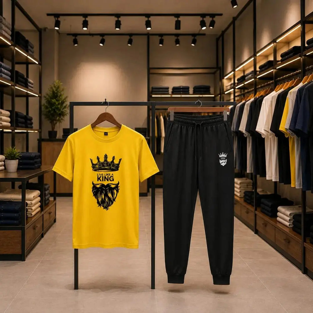 Men's Yellow Crew Neck "Live Like a King" Graphic Tracksuit Set