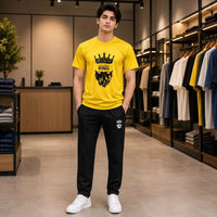 Men's Yellow Crew Neck "Live Like a King" Graphic Tracksuit Set