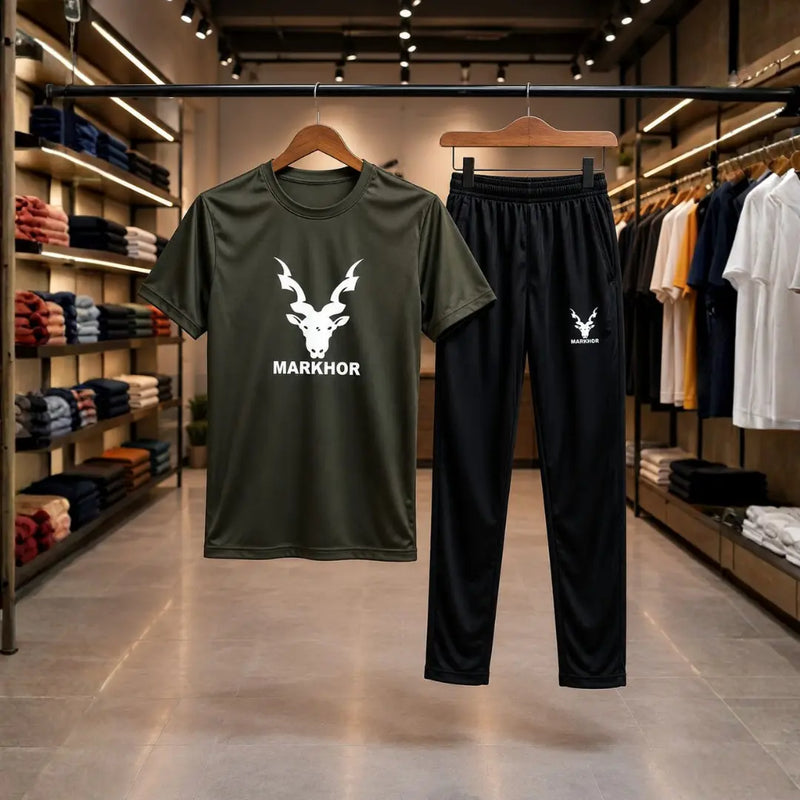 Men's Olive Green Markhor Logo Tracksuit Set