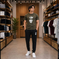 Men's Olive Green "Live Like a King" Graphic T-Shirt & Black Jogger Tracksuit Set