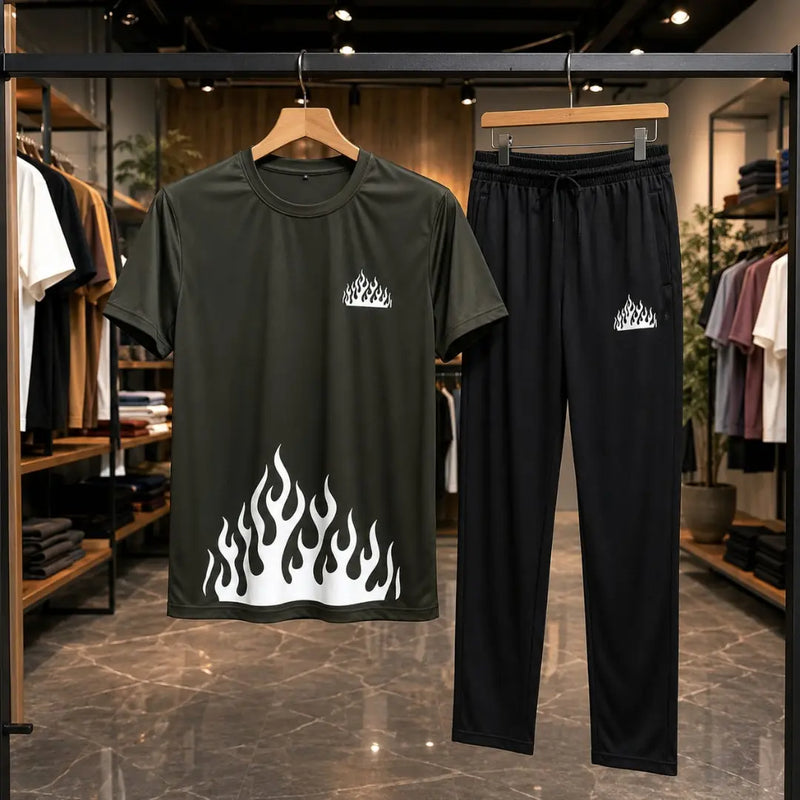 Men's Olive Green Flame Graphic Tracksuit Set