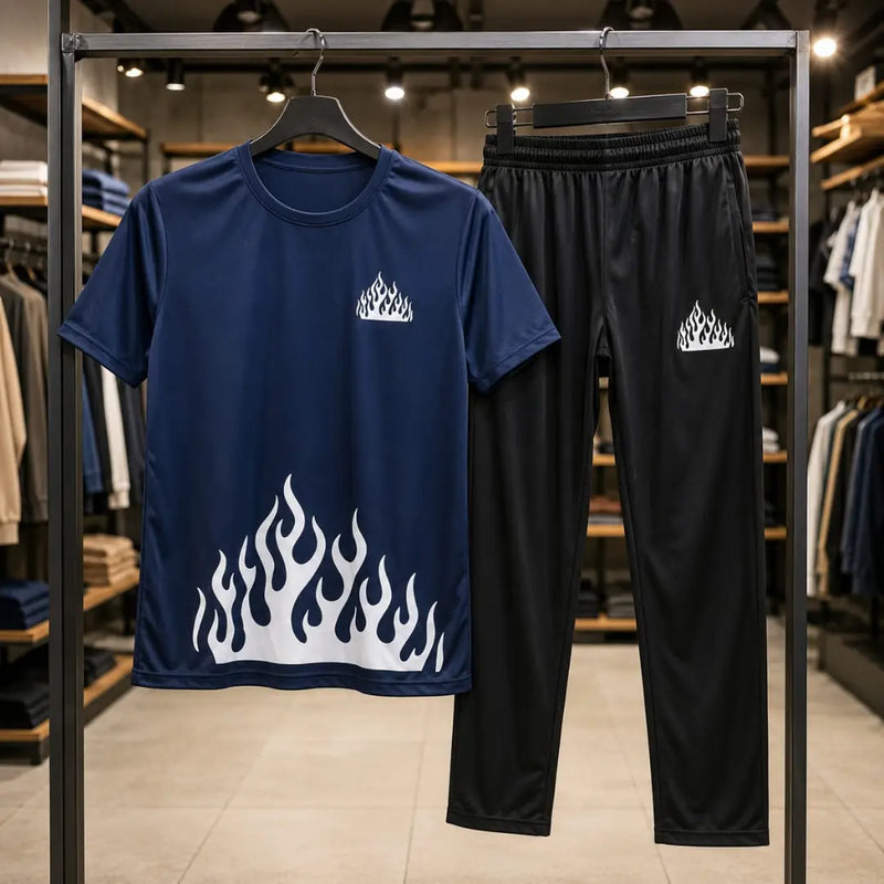 Men's Navy Blue Crew Neck Flame Tracksuit