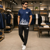 Men's Navy Blue Crew Neck Flame Tracksuit