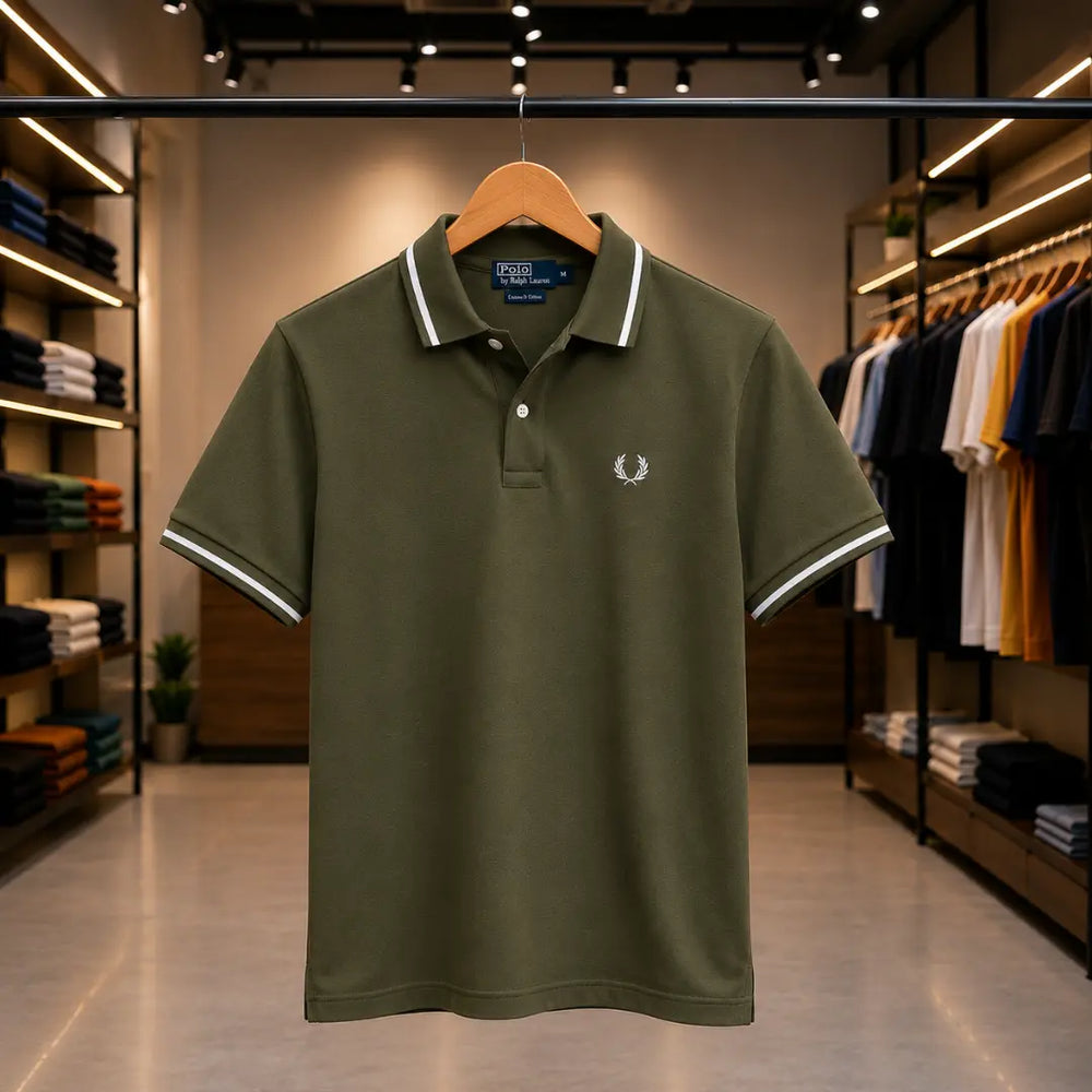 Men's Olive Green Tipped Collar Piqué Polo Shirt