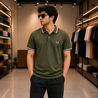 Men's Olive Green Tipped Collar Piqué Polo Shirt