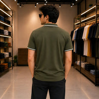 Men's Olive Green Tipped Collar Piqué Polo Shirt
