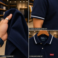 Men's Premium Navy Blue Tipped Collar Piqué Polo Shirt