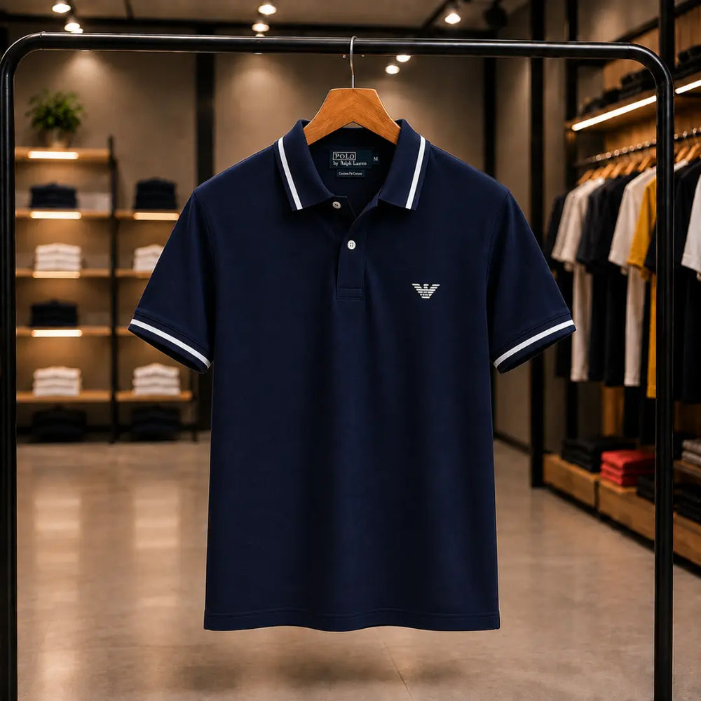 Men's Premium Navy Blue Tipped Collar Piqué Polo Shirt