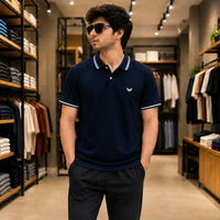 Men's Premium Navy Blue Tipped Collar Piqué Polo Shirt