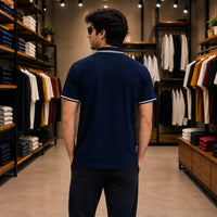 Men's Premium Navy Blue Tipped Collar Piqué Polo Shirt
