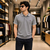 Men's Premium Light Grey Tipped Collar Piqué Polo Shirt